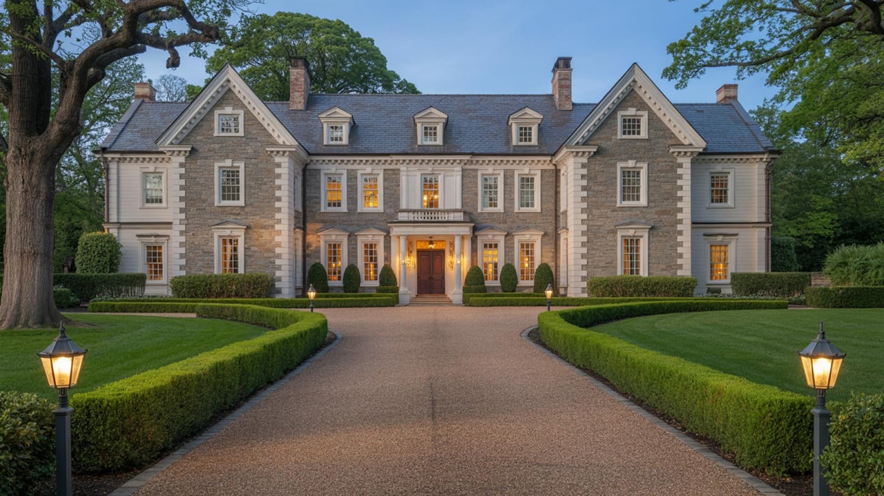 Large stone manor house with lit windows, framed by trees and formal hedges along a curved driveway.