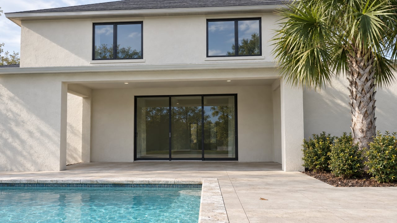 Off-white two-story stucco house with a covered porch, sliding glass door, and small rectangular pool.
