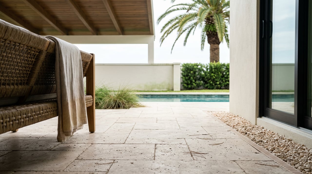Travertine lanai opens onto a turquoise pool, with a teak daybed, cypress ceiling, and palm beyond.