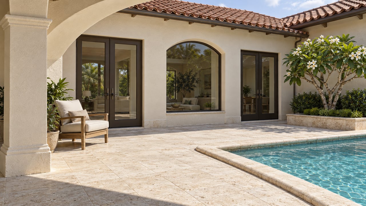 Cream stucco home with a tiled roof, shaded limestone terrace, teak lounge chair and a sunlit pool corner beside flowering frangipani.