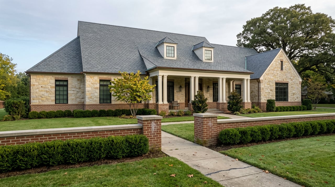 Two-story limestone estate with paired entry columns, a brick garden wall, broad lawn, and mature oak canopy.
