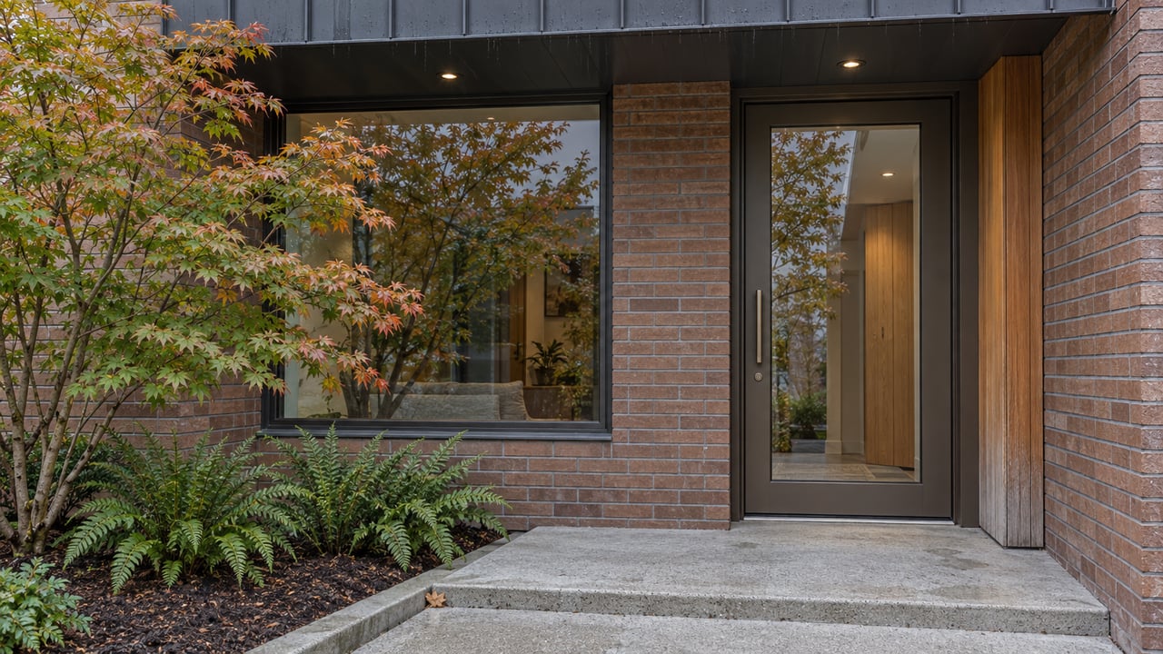 Brick and cedar residential entrance beneath a charcoal metal canopy, with bronze-framed glazing and a vine maple beside the concrete approach.