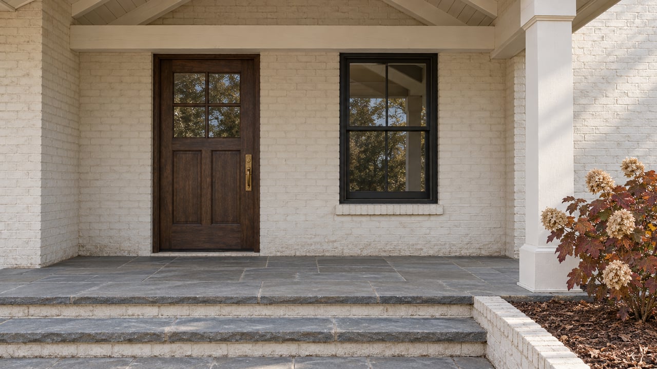 Painted-brick home entrance with a dark oak door, black-framed window, bluestone steps and autumn oakleaf hydrangea.