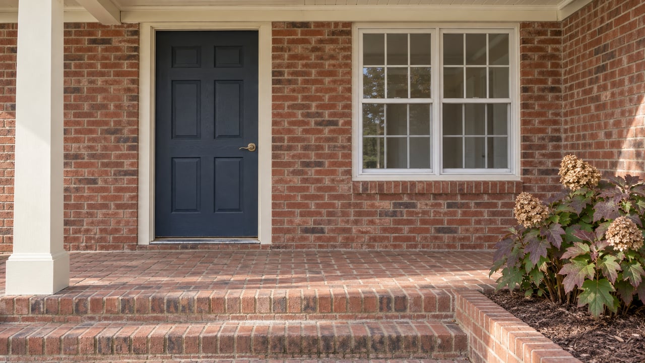 Brick front porch with a navy door, white gridded window, and oakleaf hydrangea in early autumn light.