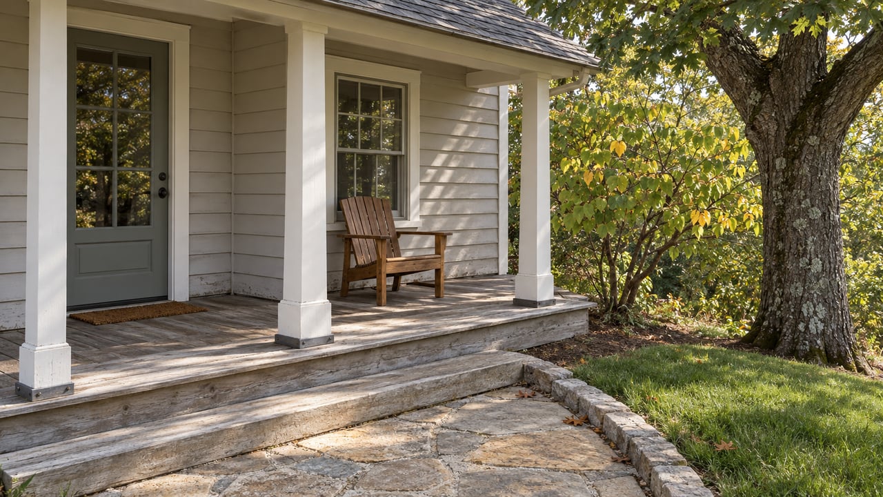 Weathered cedar cottage porch with pale siding, a wooden armchair, a sandstone landing and mature hardwood planting.