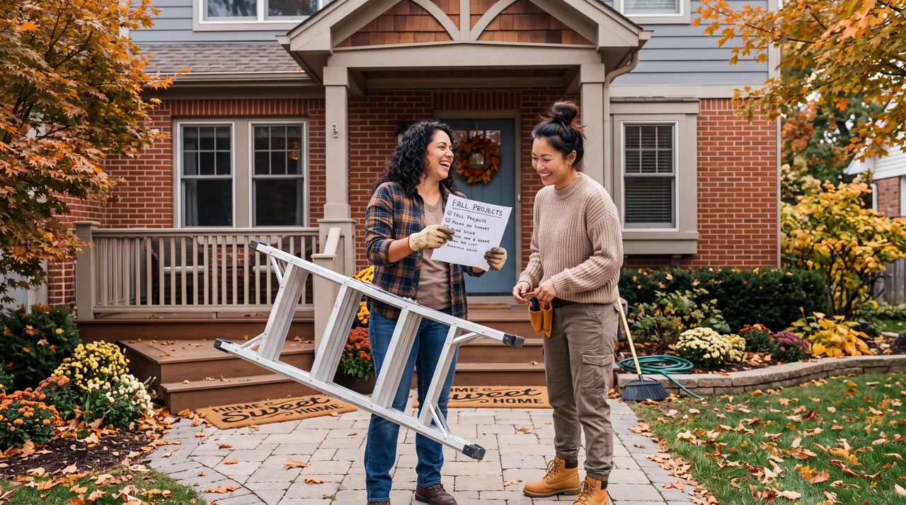 Two people with a ladder and a checklist titled Fall Projects outside a brick home during fall home maintenance