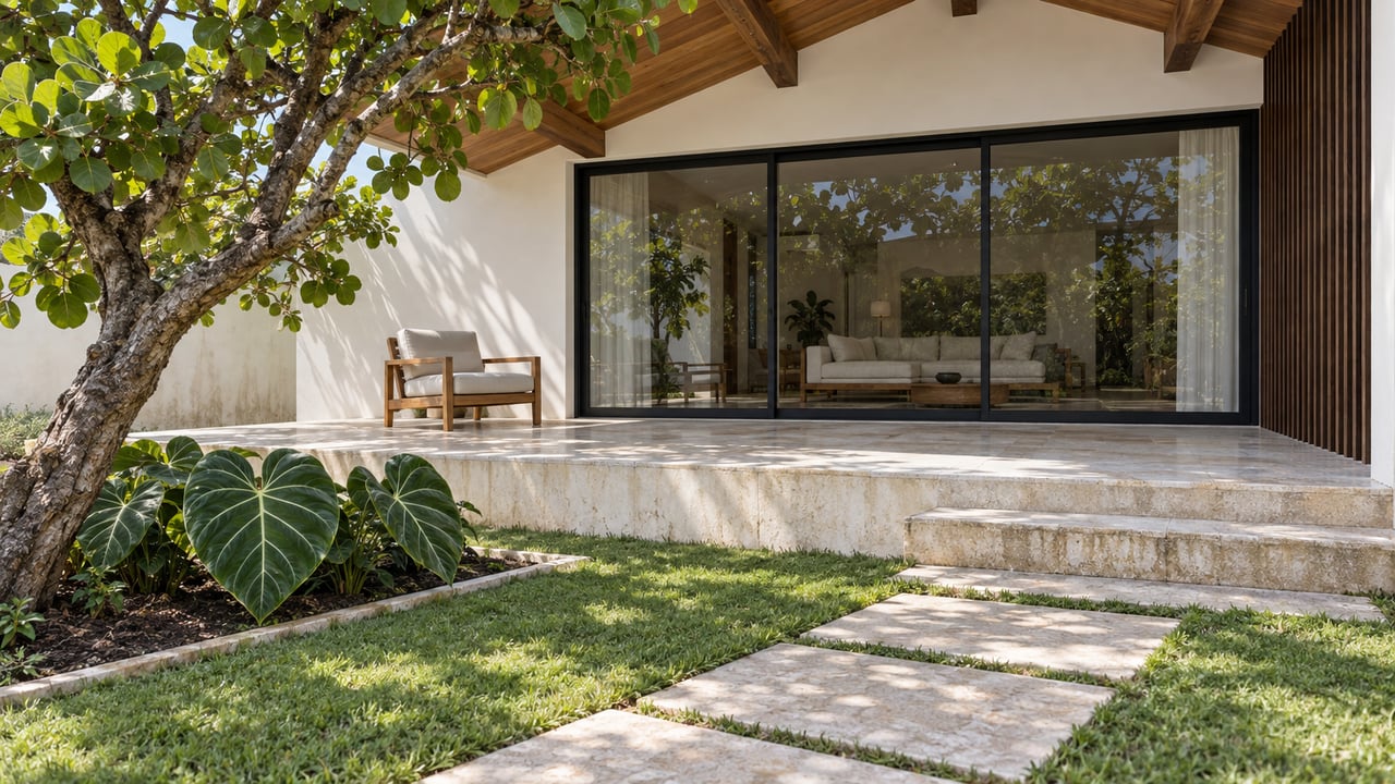 White contemporary home with a pitched wood-lined terrace roof, black-framed sliding glass doors, limestone steps, and a sea grape tree beside the garden path.