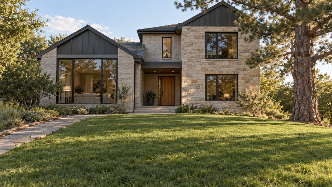 Two-story brick house set behind a broad lawn, with a flagstone path and a pine tree at right.