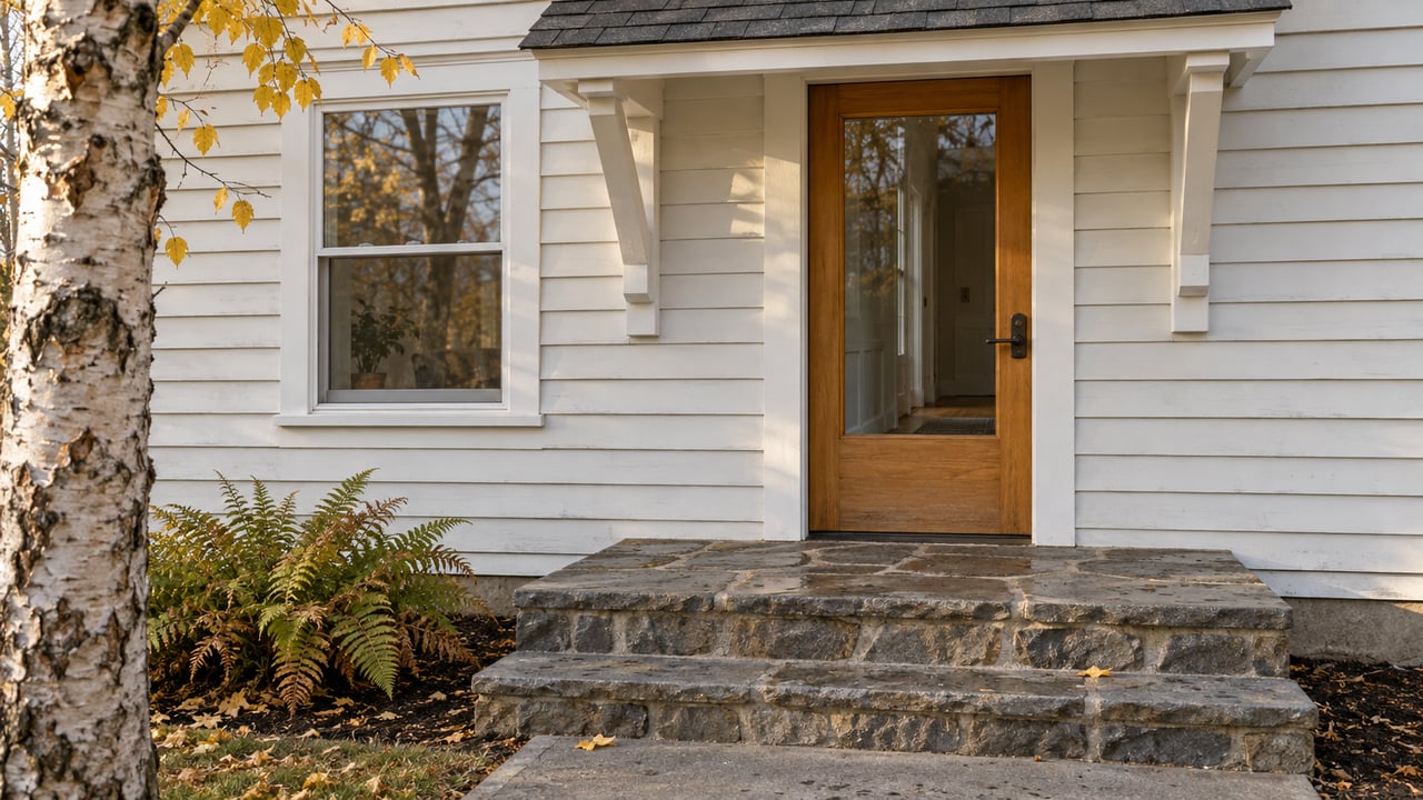 Warm-white clapboard home with a sheltered timber-and-glass entry, gray stone steps, and a white-barked birch in autumn light.