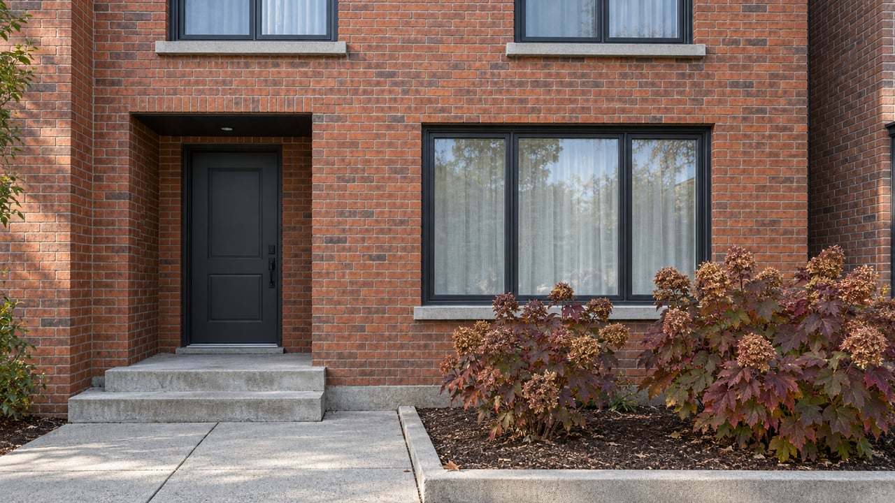 Red-brick attached home with dark-framed windows, a recessed charcoal entry, concrete steps, and autumn oakleaf hydrangeas.