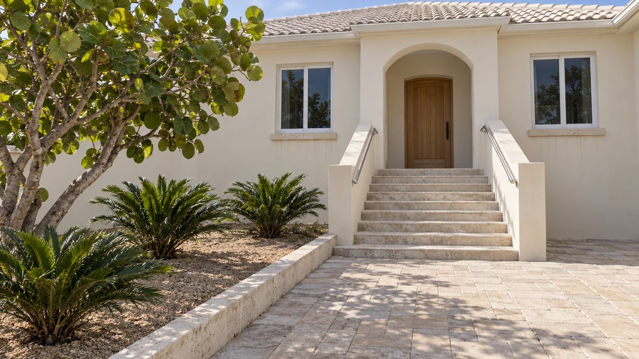 Cream-stucco home with a pale tile roof, raised limestone entry stairs and sculptural sea grape planting beside a paver approach.