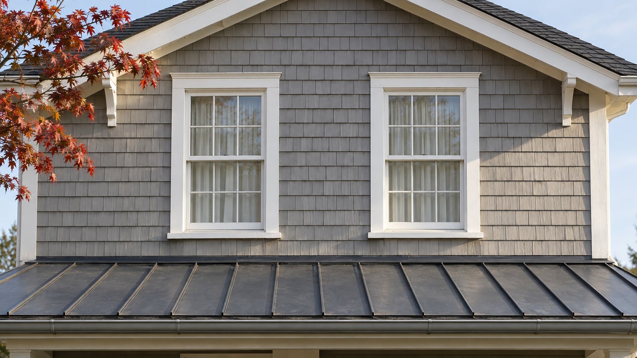 Gray cedar-shingled gable with two white divided-light windows above a charcoal metal porch roof, framed by copper-red maple leaves.