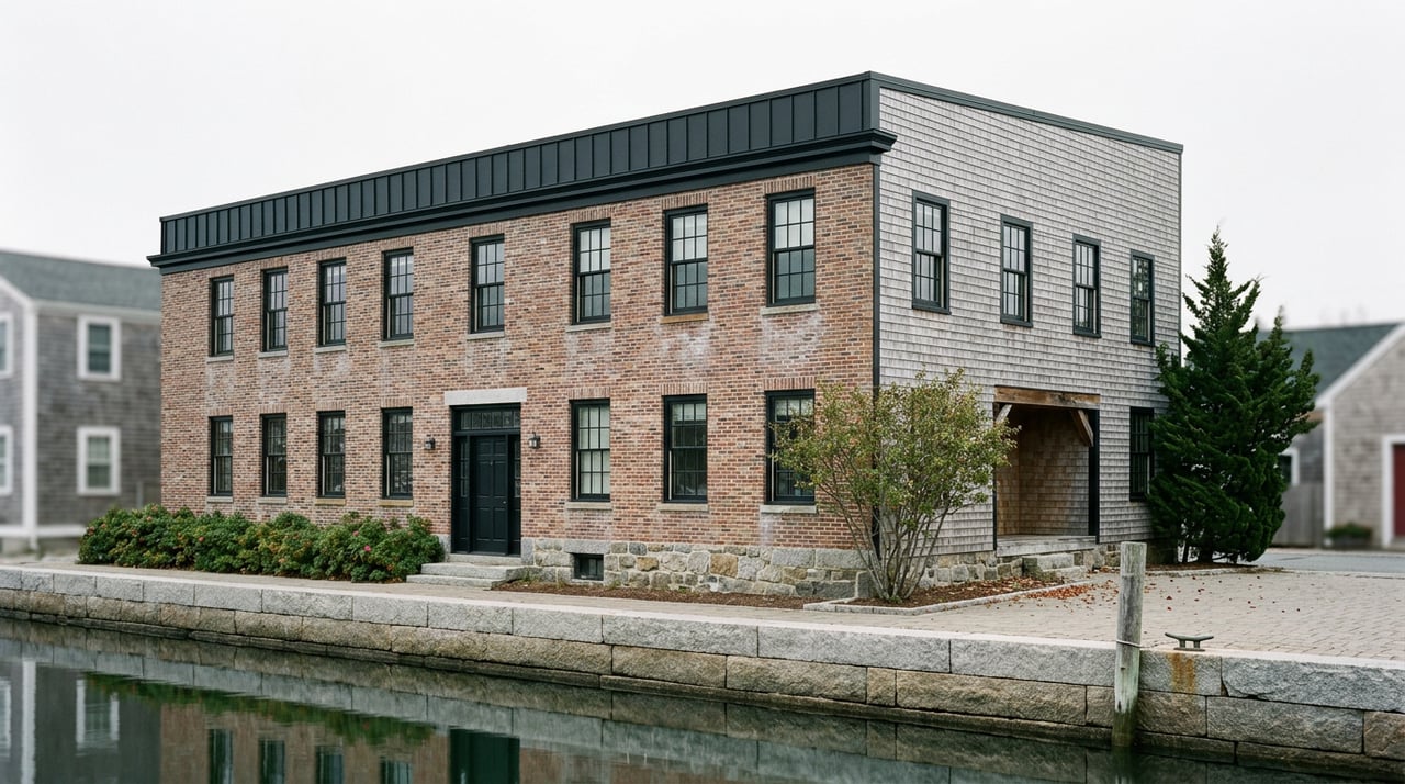 Three-story brick and cedar-shingle waterfront building above a granite seawall, reflected in calm tidal water.