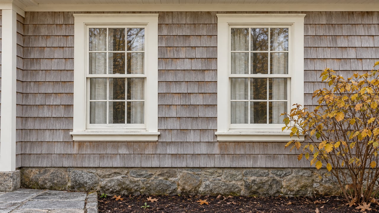 Two ivory-trimmed sash windows on a pale grey shingled house above a granite foundation and an amber-leaved witch-hazel.