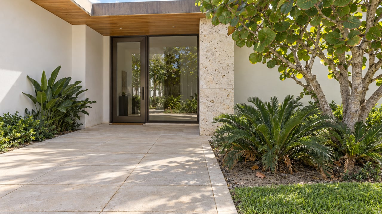 Sunlit stucco entrance with a wood soffit, pale paver path, sea-grape tree and coontie planting.