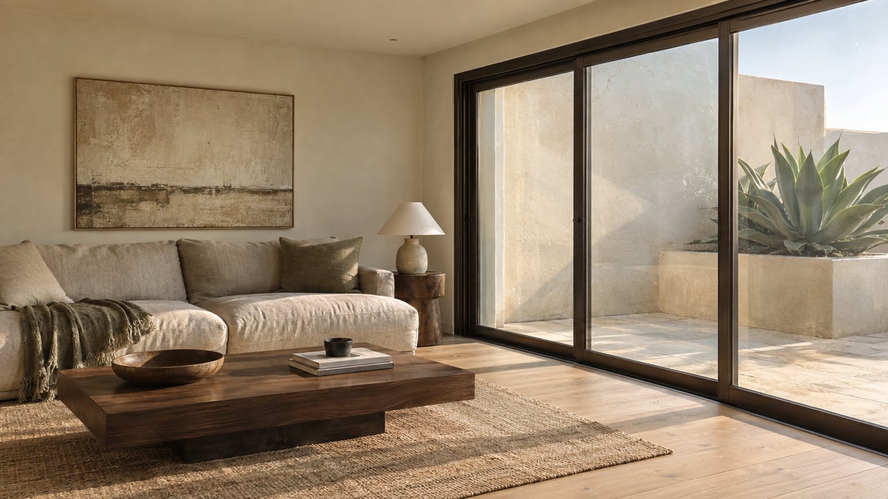 Linen sofa and walnut coffee table beside glazed doors opening onto a small terrace with an agave planter.