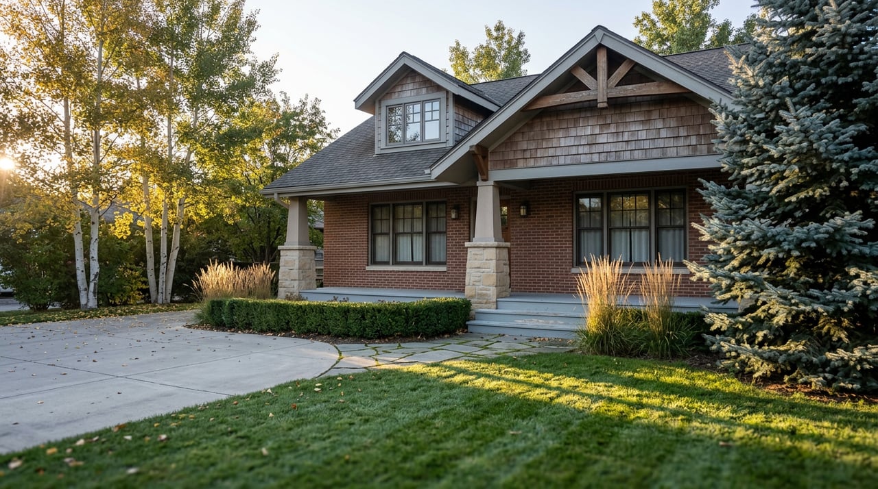 Craftsman-style brick house with a covered porch, framed by golden aspens and a blue spruce at dawn.