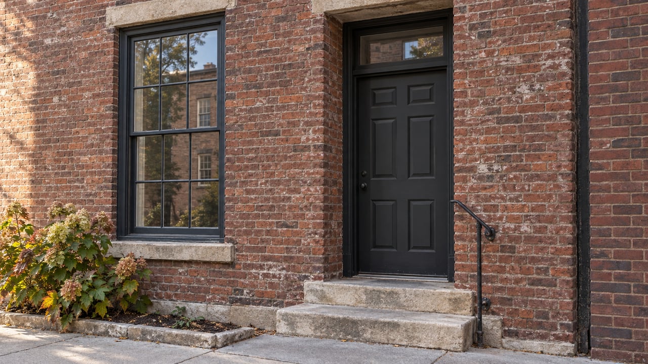 Attached brick rowhouse facade with a sash window, recessed charcoal door, limestone steps, and hydrangea.