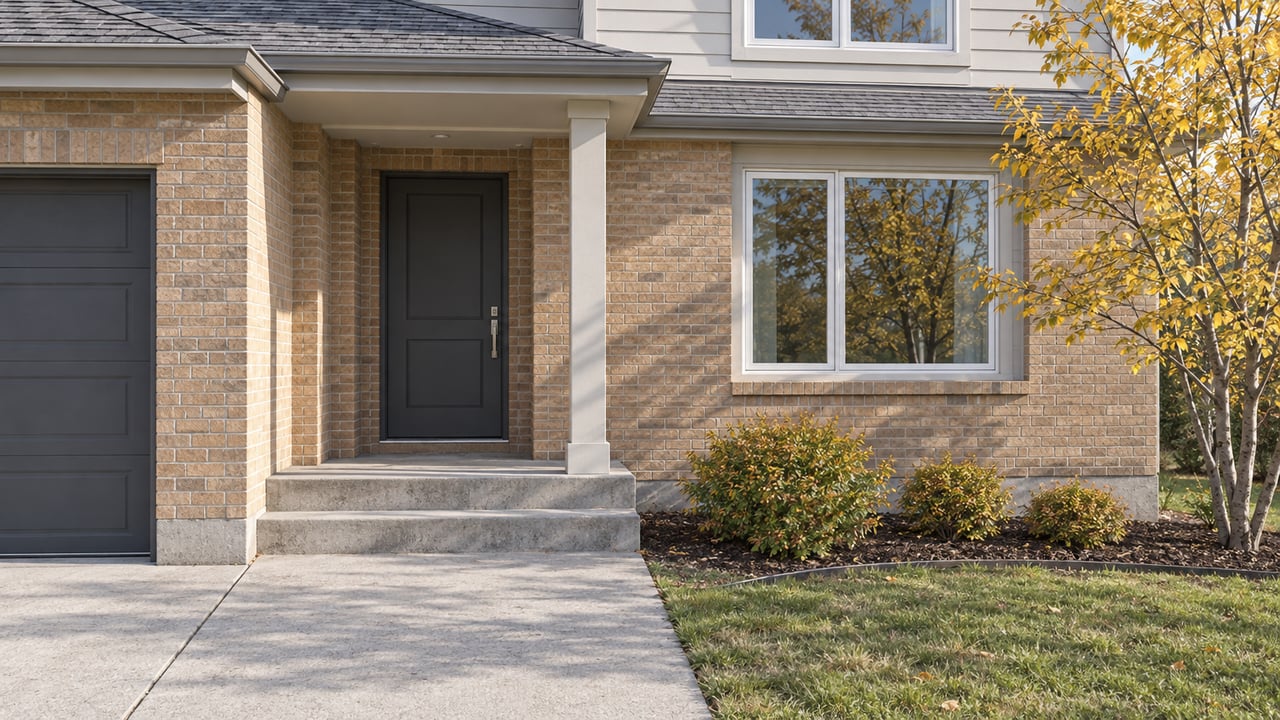Buff-brick suburban entrance with cream siding, a concrete approach, autumn serviceberry, and a cropped attached garage.