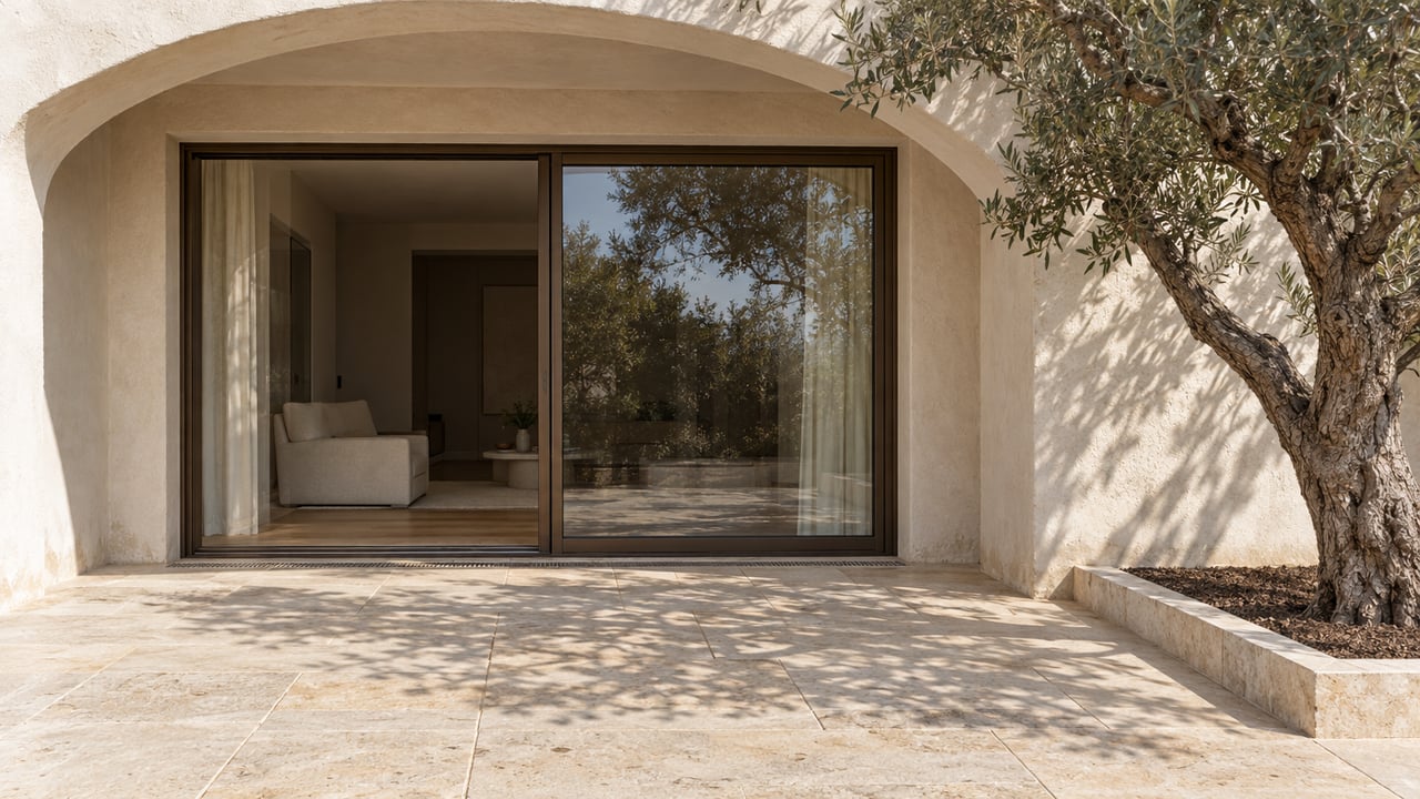 Stone patio beneath an arched stucco opening, with sliding glass doors and an olive tree casting shadows.