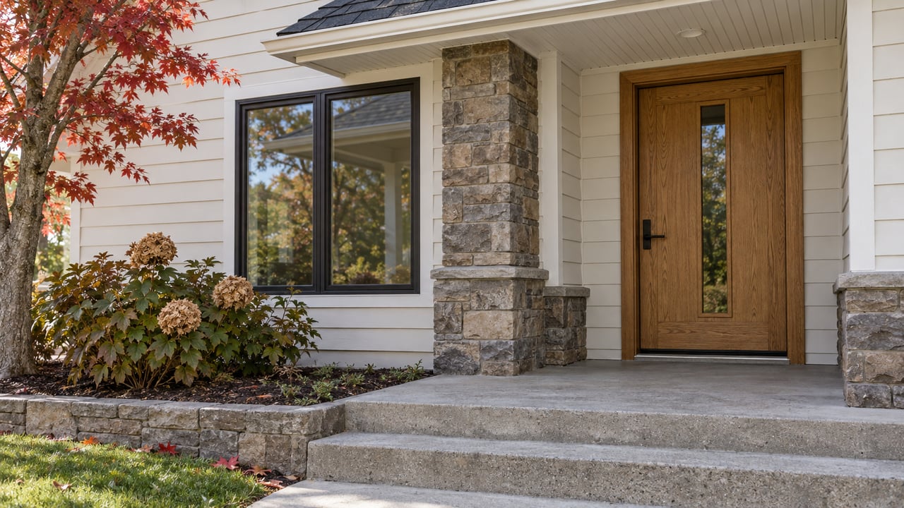 Close view of a light-sided home's covered entry, with an oak door, stone pier, concrete steps and red maple foliage.