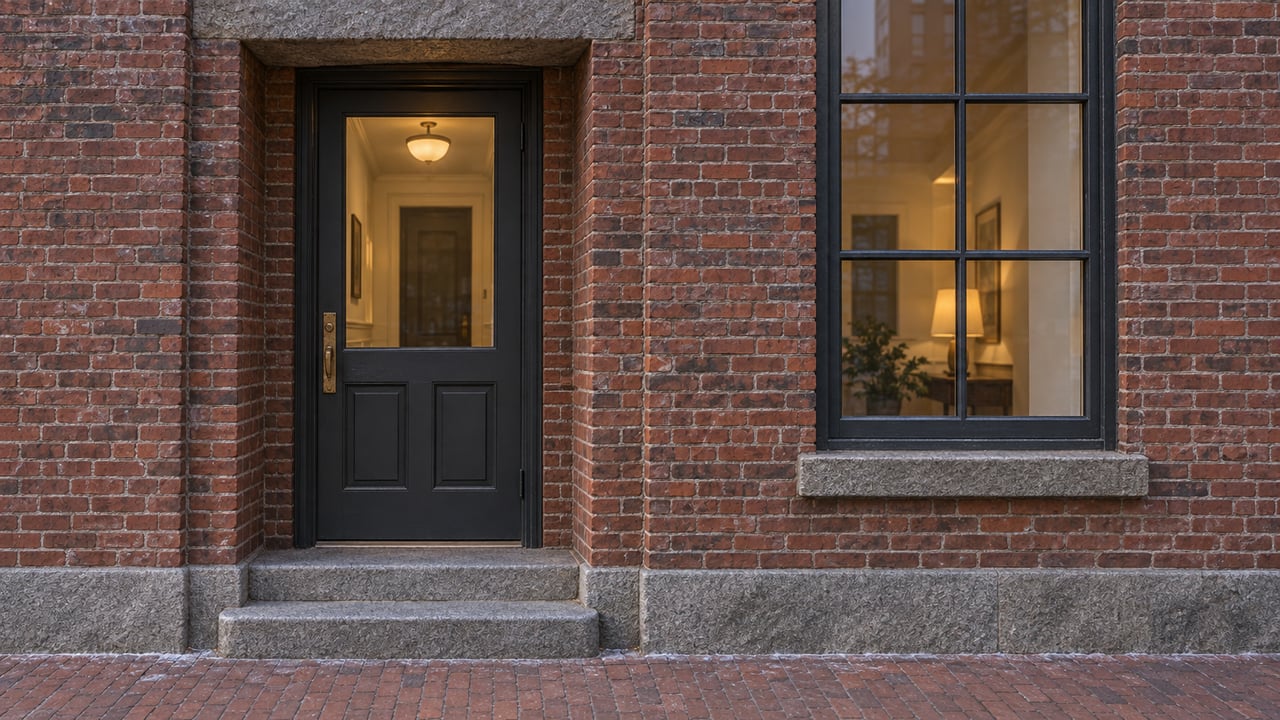 Red brick residential entrance with a charcoal glazed door, tall steel-framed window and worn granite steps at dusk.