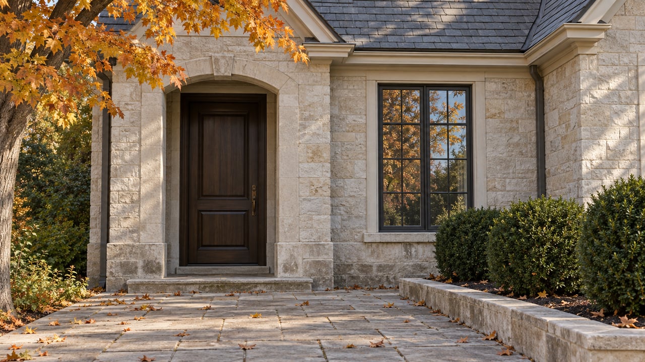 Limestone house entrance with recessed oak door, divided-light window, maple leaves, and pavers.