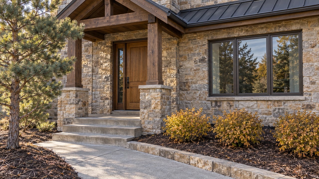 Afternoon light reveals sandstone walls, weathered timber, and broad entry steps beside a sculptural pine and autumn shrubs.