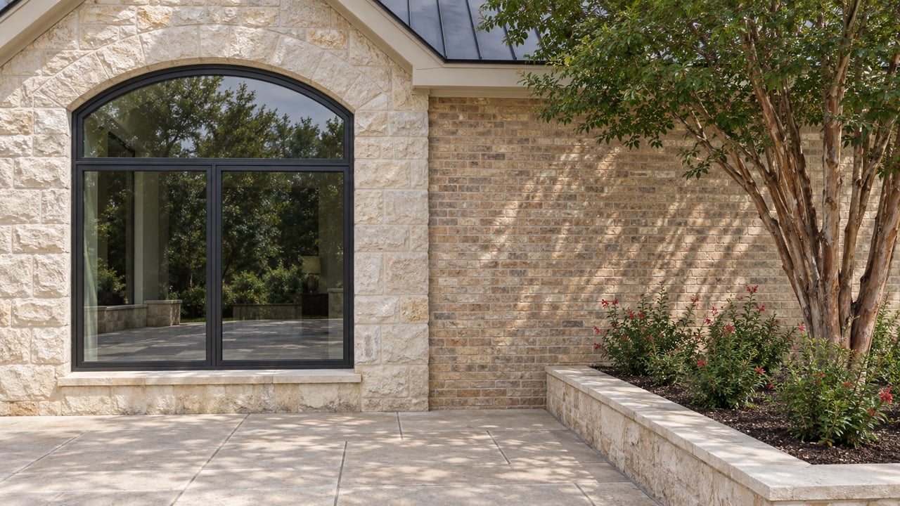 Arched black-framed window in cream limestone and buff brick beside a limestone terrace and a sculptural flowering tree.