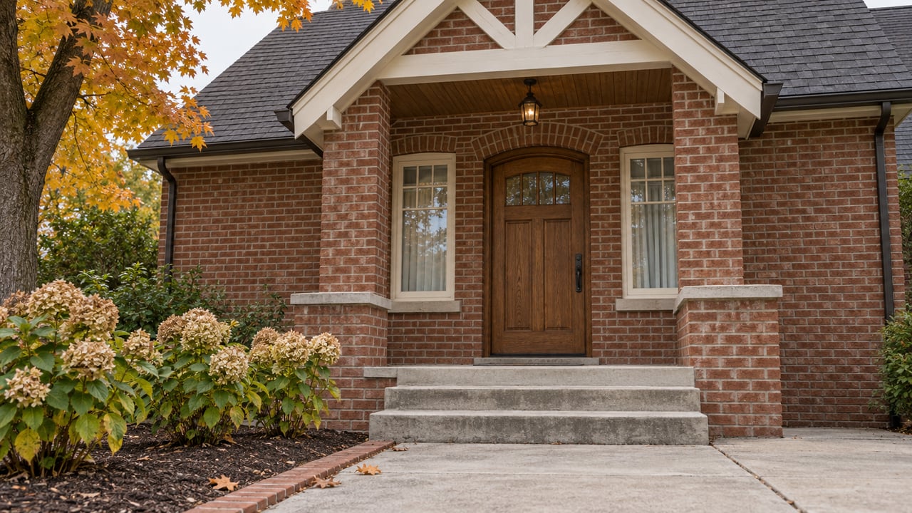 A red-brown brick home with a steep entry gable, oak front door, matching windows and concrete steps beside autumn hydrangeas.