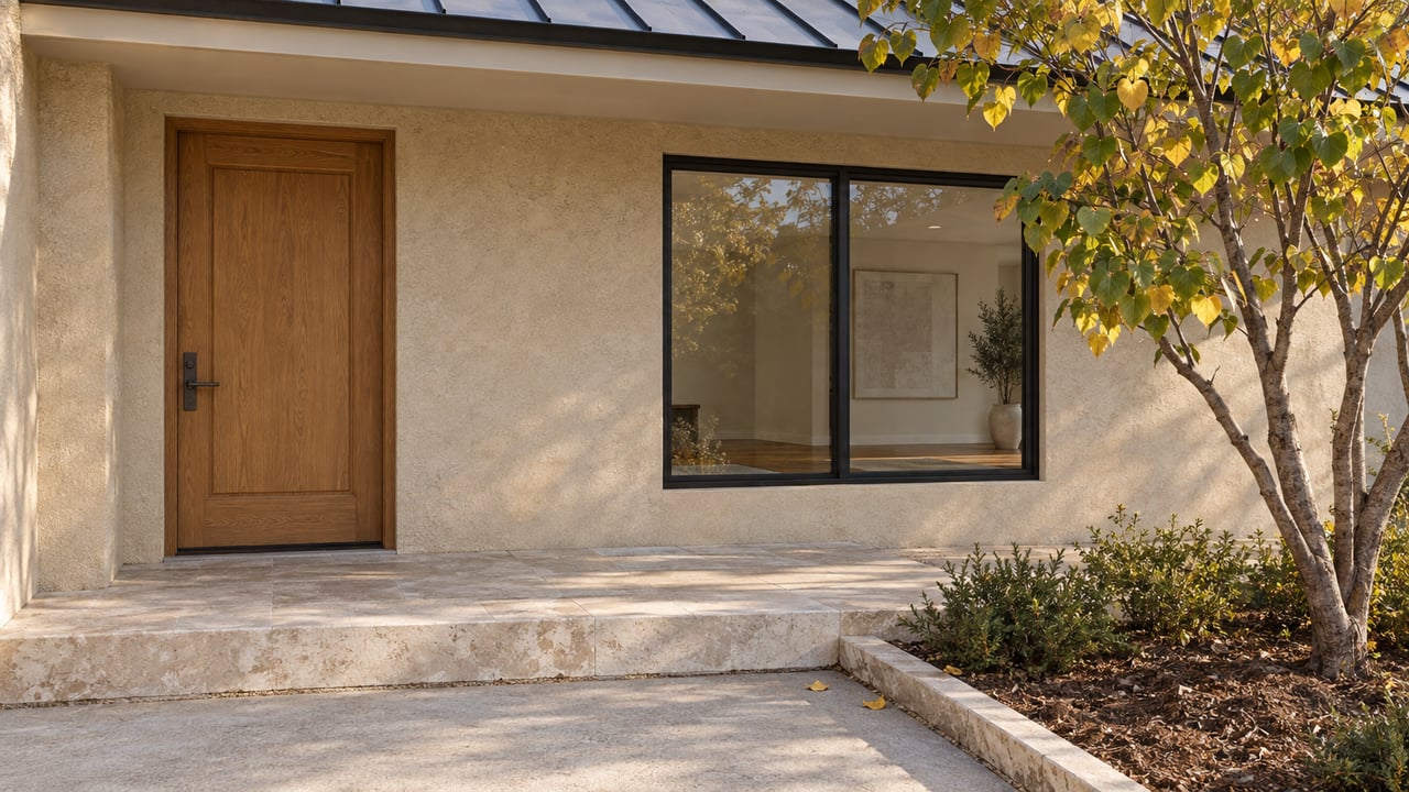 Sunlit limestone entry steps below an oak door and black-framed window, with an autumn redbud beside the stucco wall.