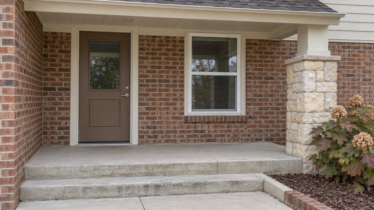 Brick home entry with a brown door, white-trimmed window, limestone porch pier and concrete steps beside autumn oakleaf hydrangea.