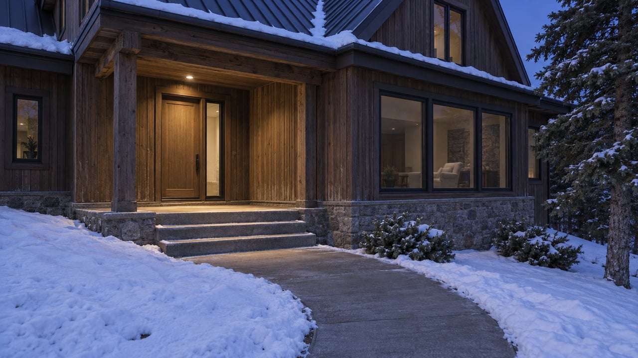 Timber-sided home at blue hour with a covered entry, snow-lined concrete approach and softly lit windows.