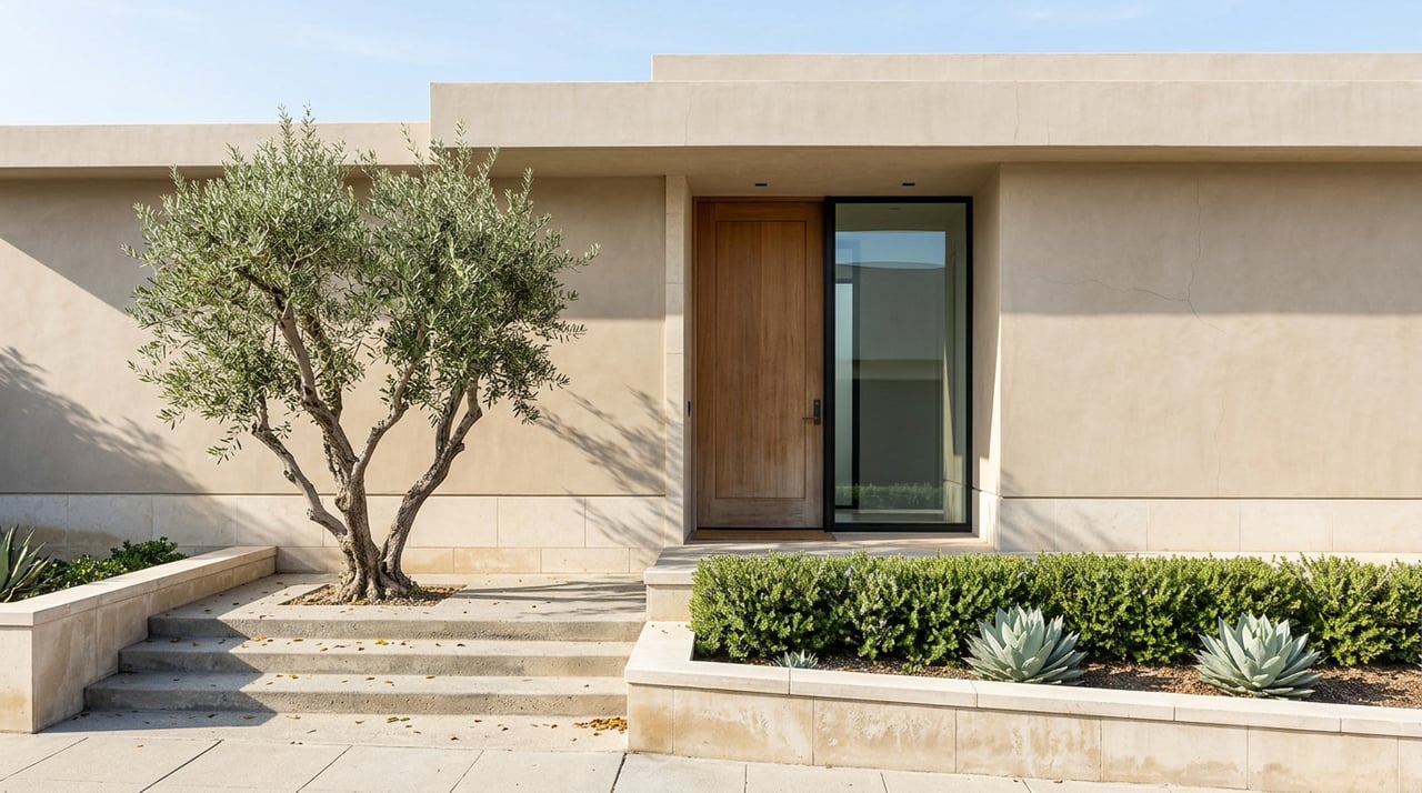 Coastal home entry with concrete steps, a teak door, olive tree, low hedge, and blue-green agaves.