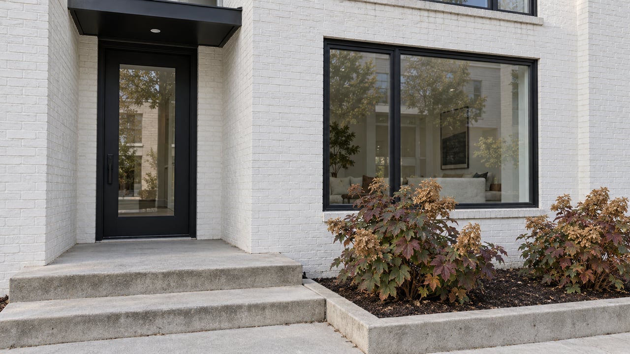 White-painted brick townhouse entrance with black-framed glazing, broad concrete steps and two oakleaf hydrangeas.