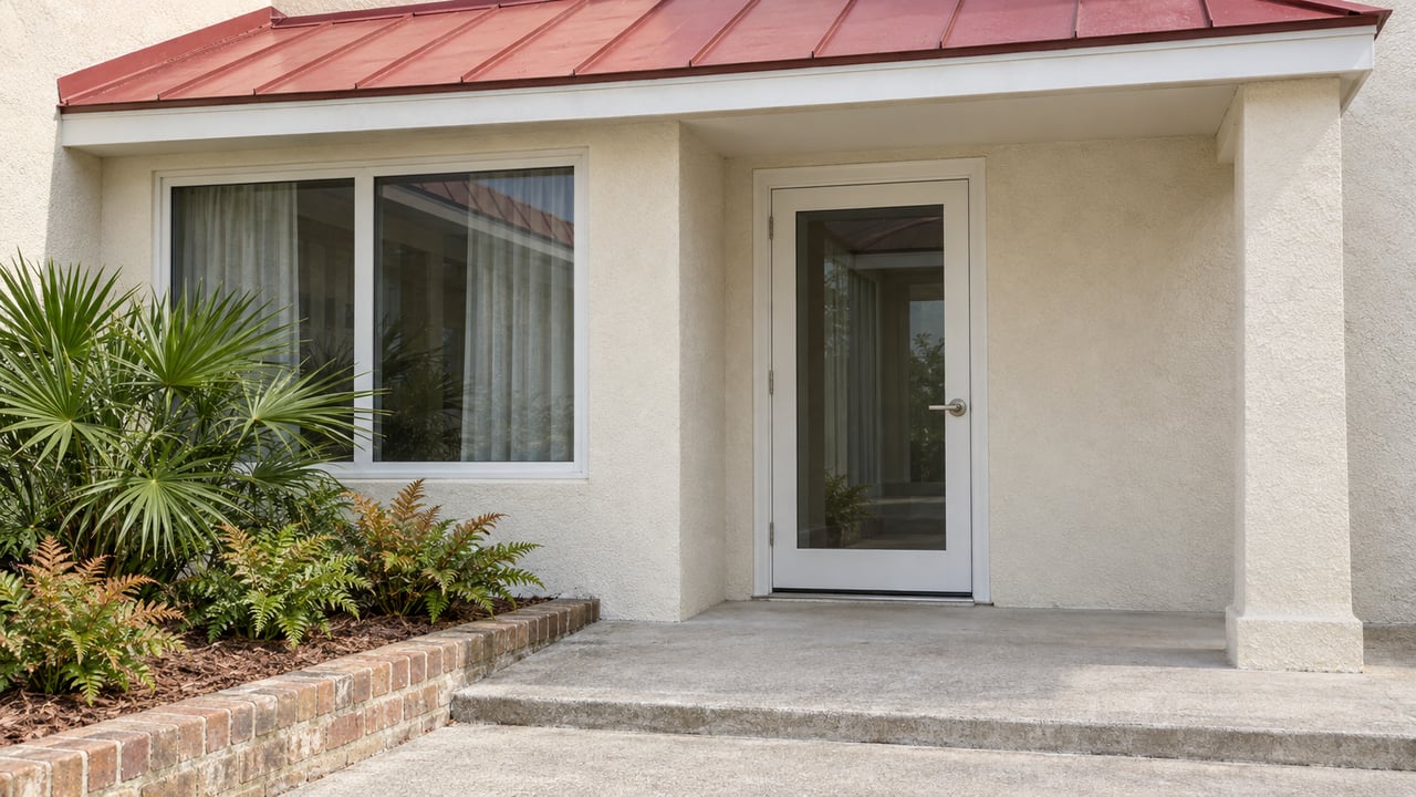 Ivory stucco residential entry with a red metal canopy, white-framed glass door and a planted brick-edged bed.