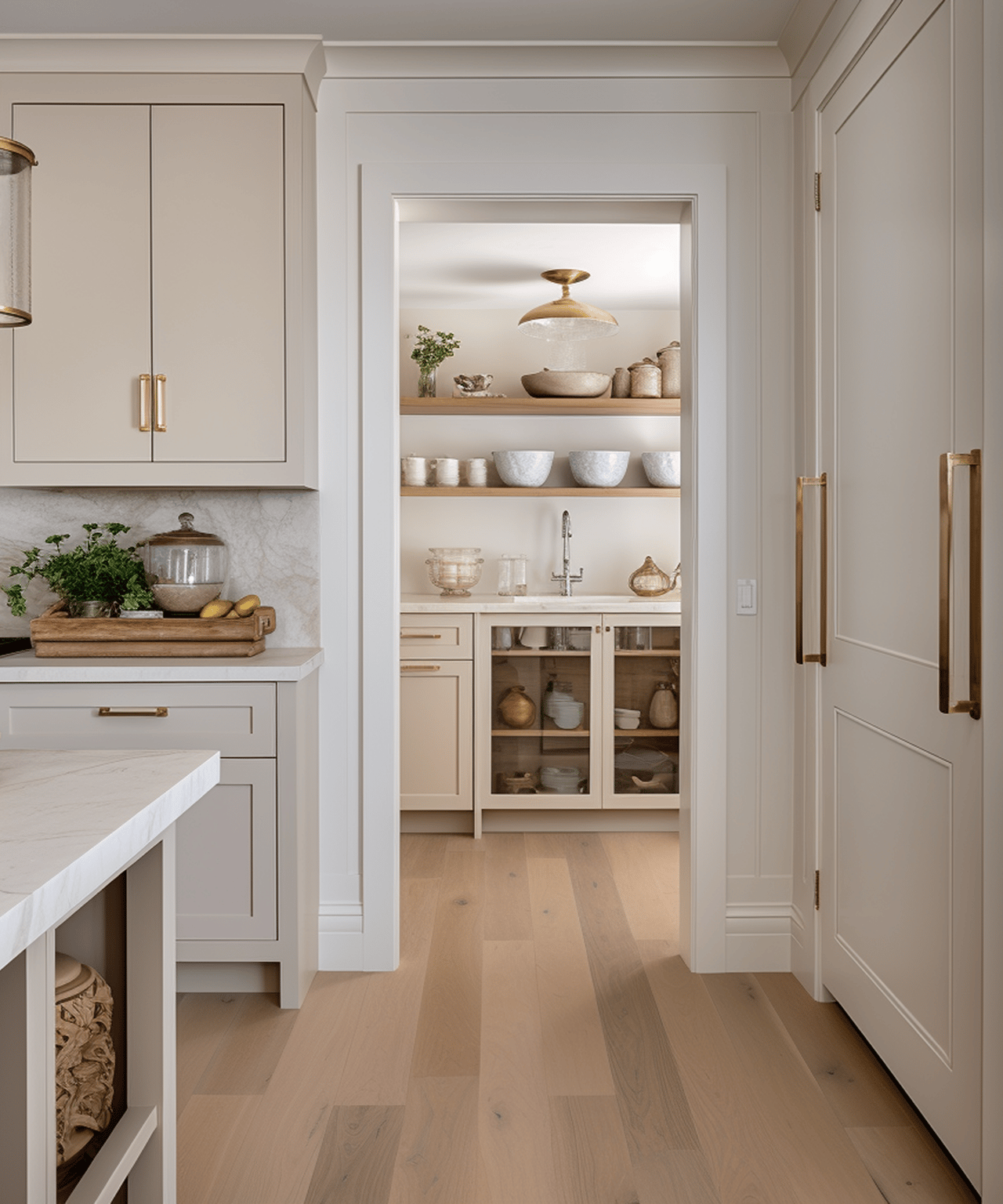 Bright white kitchen with brass hardware and a pantry featuring open shelves and glass-front cabinets.