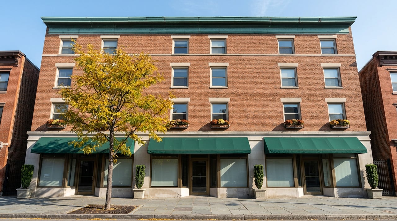 Six-story russet brick building with a bronze storefront, green awning, and golden street tree.