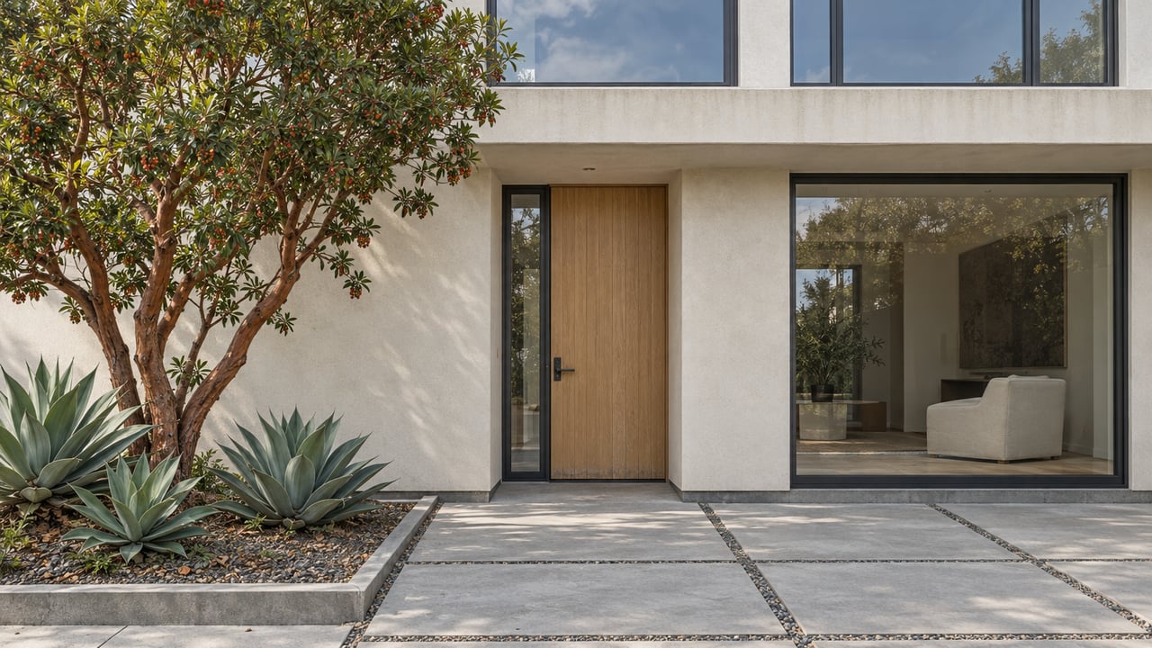 Low-angle view of a contemporary stucco residence with oak entry door, charcoal-framed glazing, and a shallow planted concrete entry court.