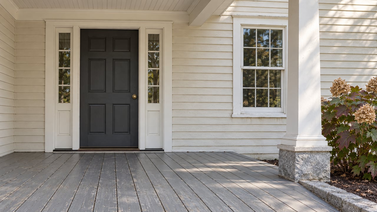 Covered porch of a cream clapboard home with a charcoal paneled door, matched glazed sidelights, a multi-pane window and weathered gray decking.