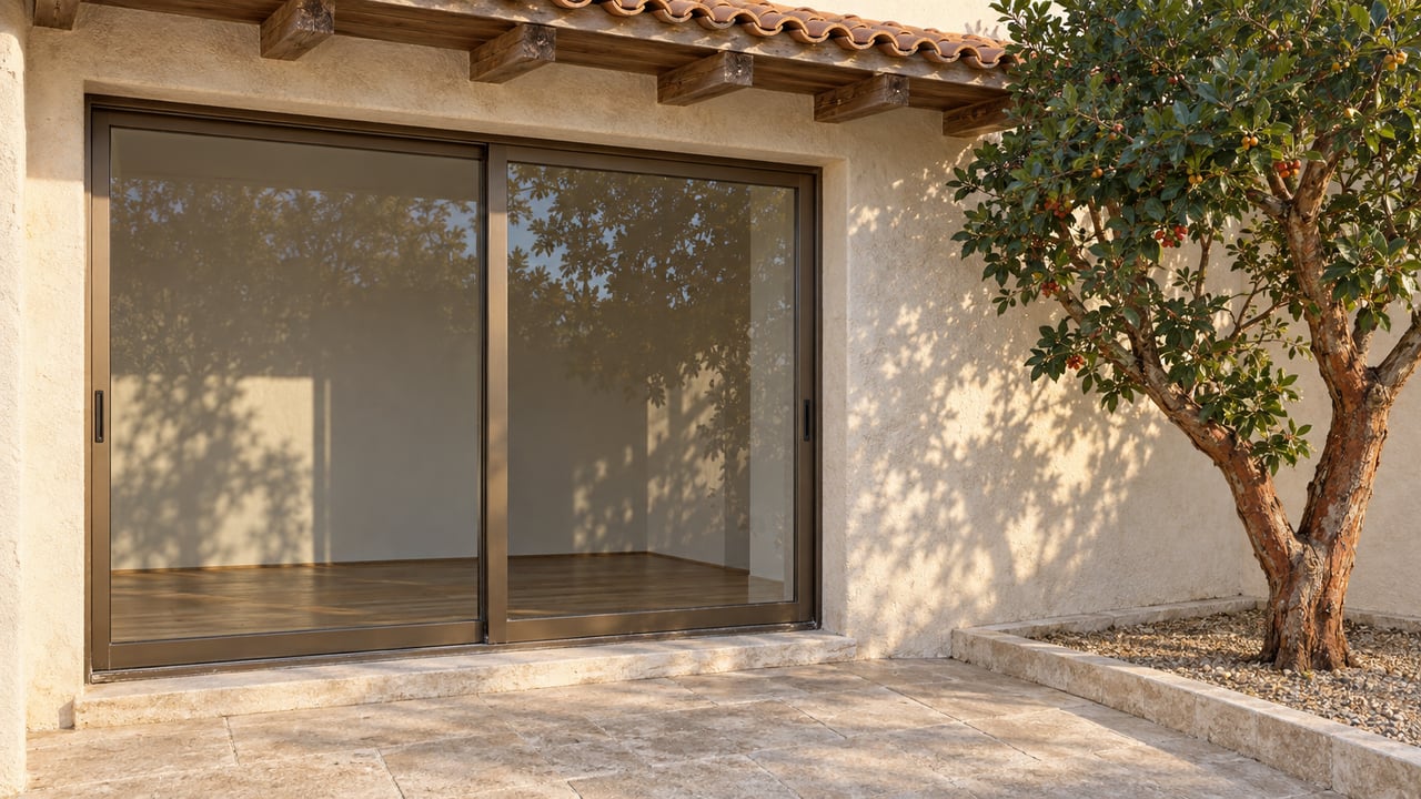 Sunlit stucco terrace with terracotta eaves, bronze-framed glass doors, limestone paving and a branching strawberry tree.