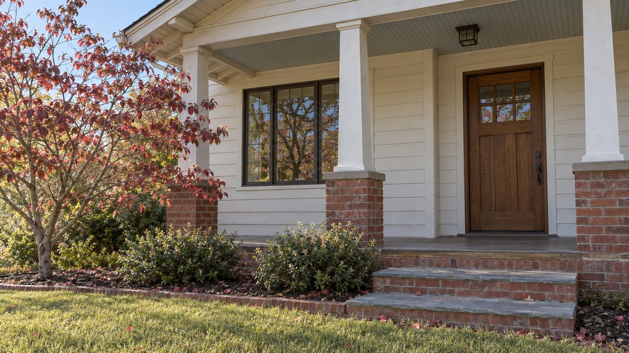 House entry with an oak door, brick steps, and a small tree with sparse red leaves.
