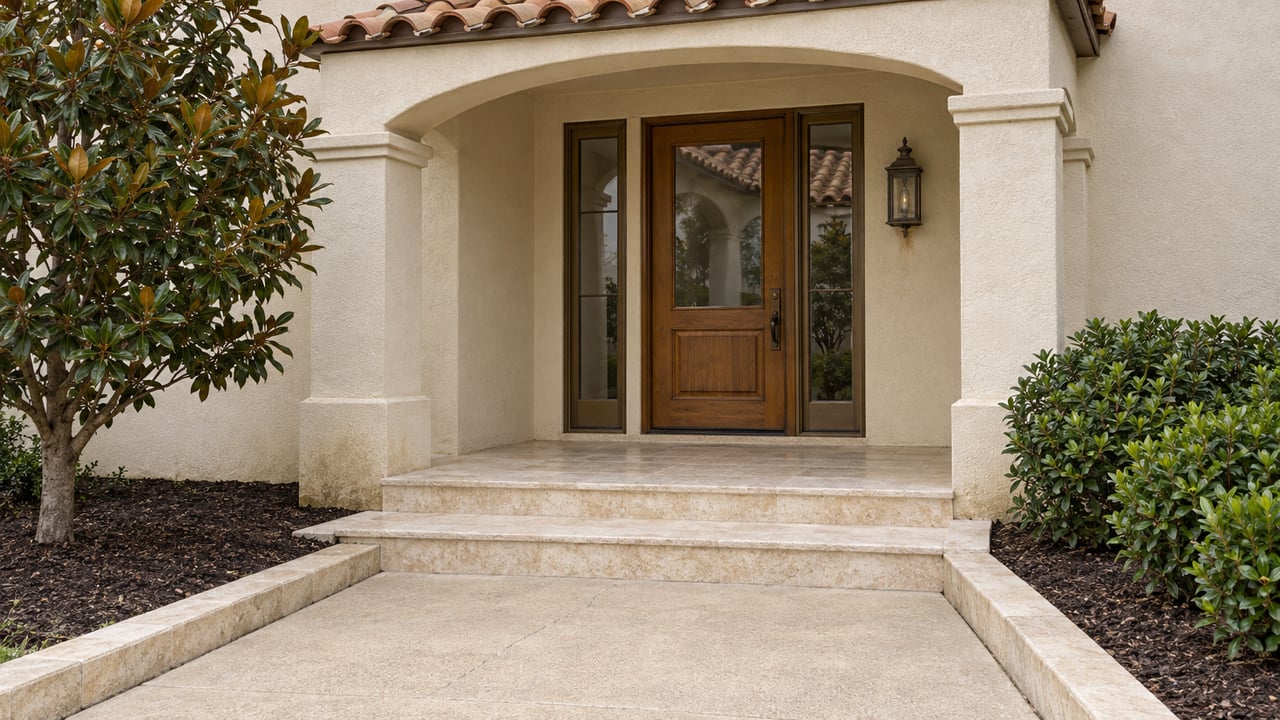 Ivory stucco entry porch with terracotta roof tiles, a glazed timber door, limestone steps, and magnolia and gardenia planting.