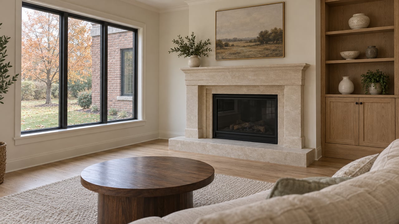 Comfortable living room with a limestone fireplace, oak cabinetry and an autumn lawn visible through closed windows.