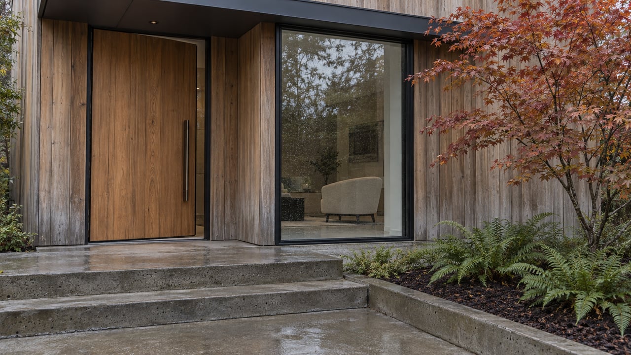 Rain-darkened concrete steps lead to a cedar entrance beside a tall black-framed window, with autumn vine maple and sword ferns.