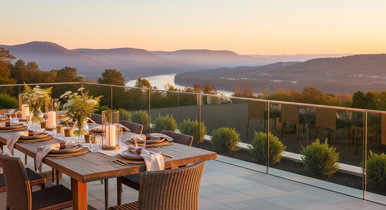 Set dining table on a terrace overlooks a lake and layered mountain ridges at sunset.