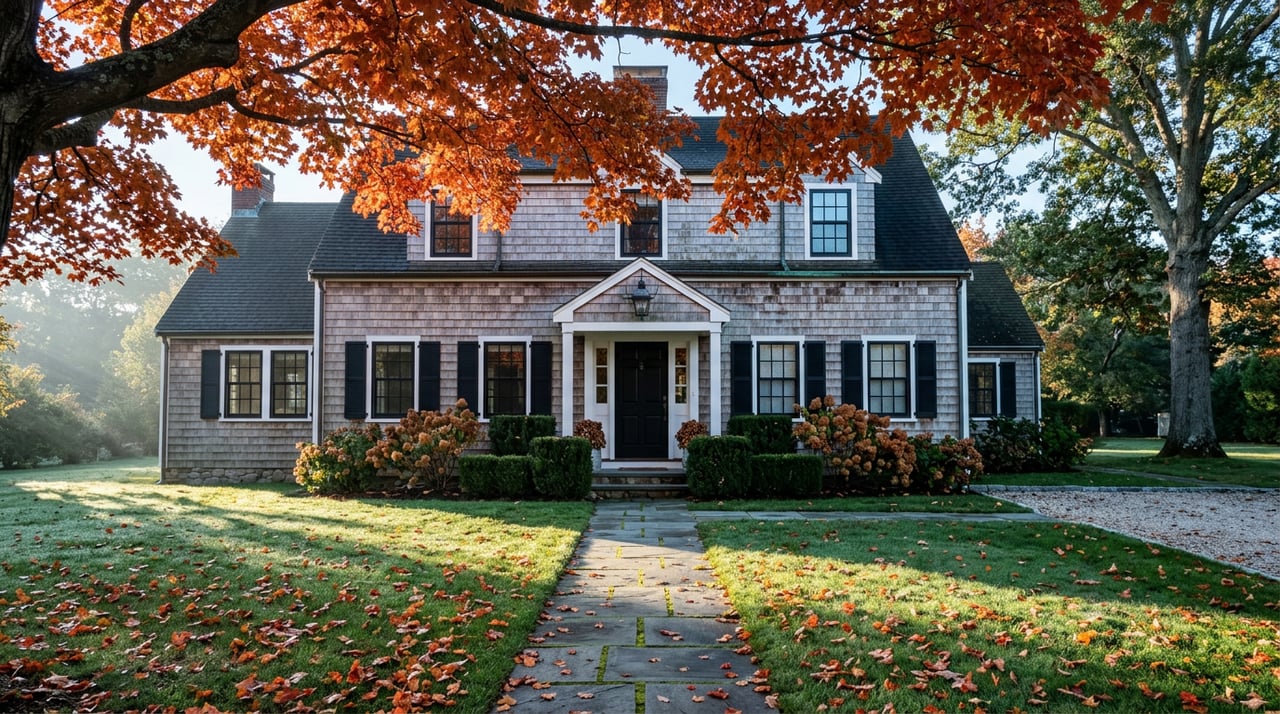 Weathered gray-shingle cape beneath an orange-red maple, with dew-covered lawn and a leaf-strewn bluestone walk.