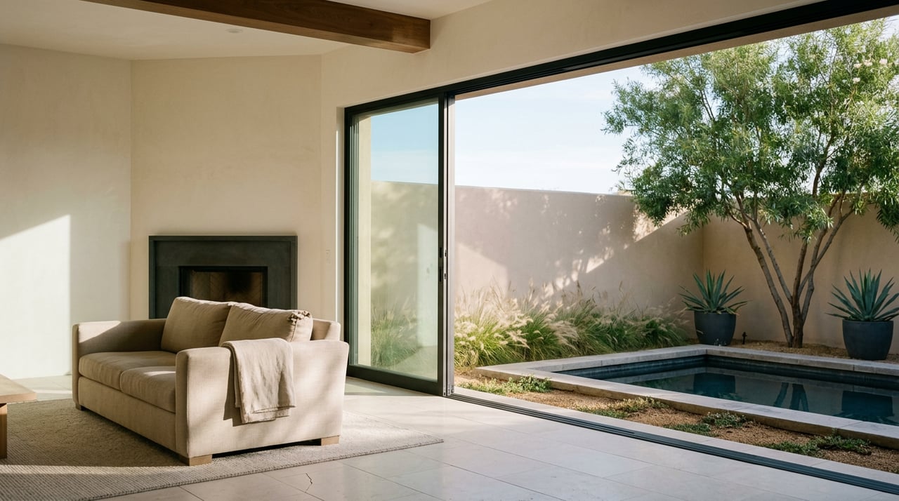 Great room with sand-colored sofa opening onto a walled courtyard with a plunge pool, agaves, and a multi-trunk tree.