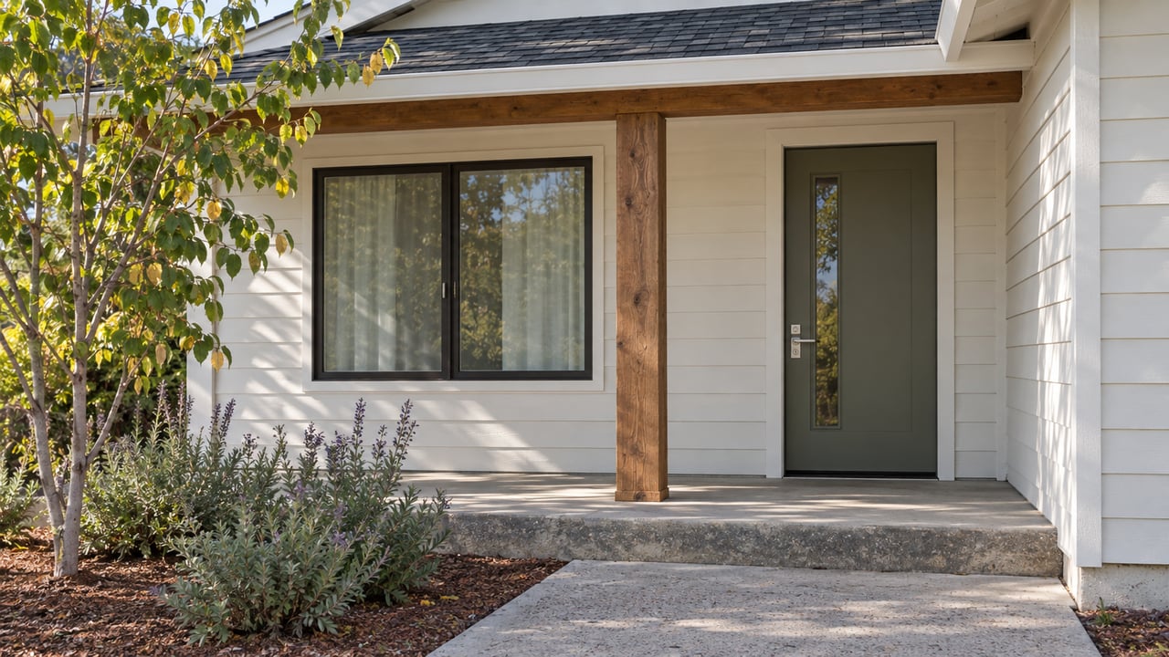 Close view of a single-story home's covered entry, with white lap siding, cedar porch support, olive door and native planting beside a concrete walk.
