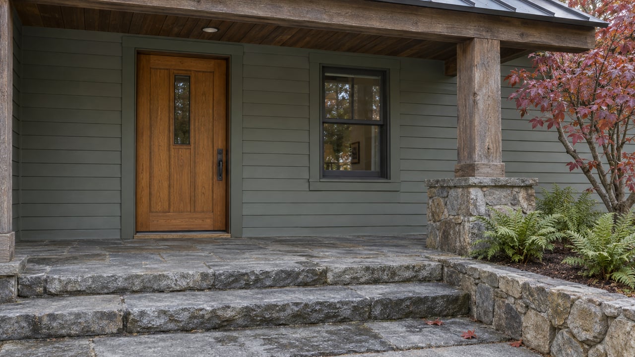 Covered home entrance with weathered timber, gray-green siding, broad stone steps, and autumn dogwood leaves.